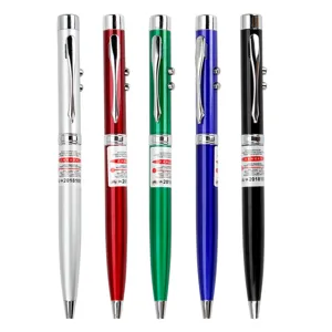 Multifunctional laser pointer pen with LED light and red laser, metal ballpoint pen for office teaching.