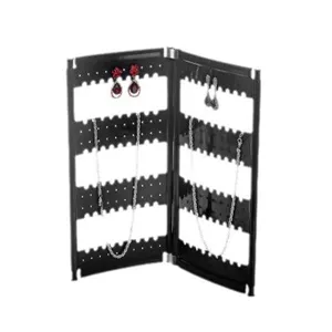 Black plastic folding screen jewelry display stand for earrings, studs and necklaces storage.
