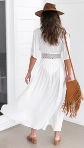 White lace trim chiffon beach cover up dress, elegant back view showcasing vacation style.