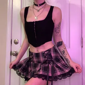 Plaid lace-up pleated miniskirt for women, gothic punk y2k aesthetic cute short skirt.