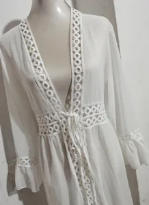 White lace patchwork long sunscreen cardigan beach cover up delicate detail view