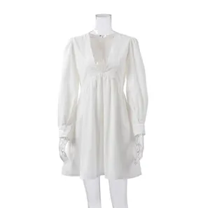 Women white long sleeve deep v neck bubble sleeve loose midi dress casual sexy party wear