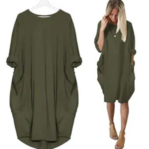 Details of the olive green loose long sleeve casual dress with pockets, soft fabric.