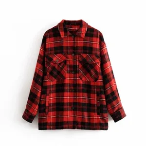 Red and black plaid flannel shirt jacket for women, casual long sleeve button down outerwear.