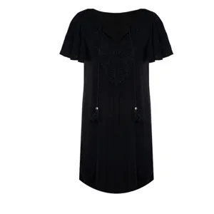 Black V-neck short sleeve beach dress lace tassel bikini cover up summer vacation wear