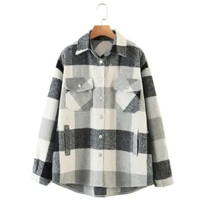 Women casual loose plaid wool blend shirt jacket long sleeve turn down collar outerwear