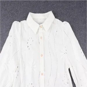 Women White Long Sleeve Blouse Eyelet Embroidery Lapel Collar Autumn Casual Elegant Top