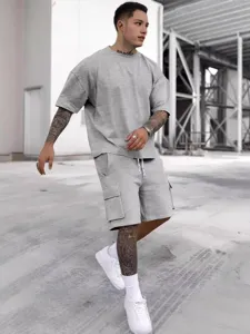 Men summer casual t-shirt and cargo shorts set, comfortable grey sportswear outfit.