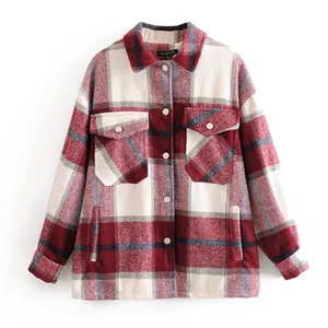 Women casual plaid wool blend shirt jacket oversized long sleeve button down coat