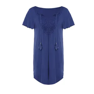 Women Royal Blue Beach Dress V-Neck Tassel Lace Short Sleeve Bikini Cover-Up Casual