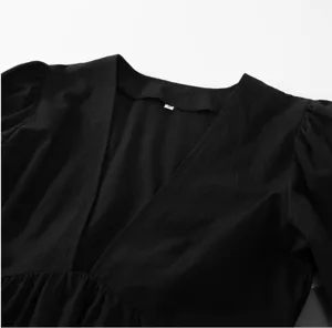 Black deep V-neck long sleeve dress detail view, elegant puff sleeve styling design.