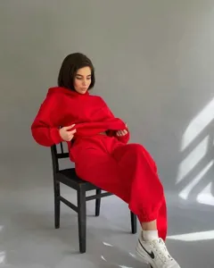 Detail view of a casual red tracksuit set, featuring a hooded sweatshirt and joggers on a seated model.