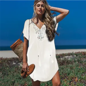 Women Cotton Beach Cover Up V-Neck Embroidered Summer Vacation Bikini Dress Casual Wear