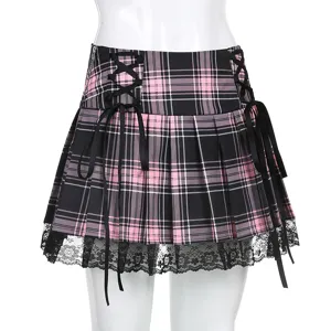 Black pink plaid pleated mini skirt with lace trim and cross lace-up details for women.