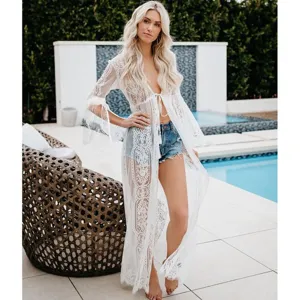 Detailed view of white lace beach cover-up cardigan, sheer long sleeve design for summer.