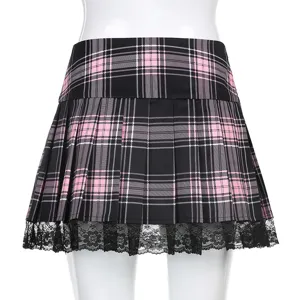Black and pink plaid lace pleated short skirt, stylish y2k subculture mini skirt apparel.