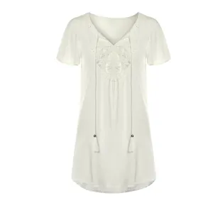 Women white V-neck short sleeve lace embroidery beach cover up tunic summer casual dress