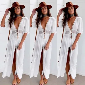 Women's Casual Chiffon Lace Trim Beach Swimsuit Cover Up Long Cardigan Solid Color Loose Summer Vacation Beachwear