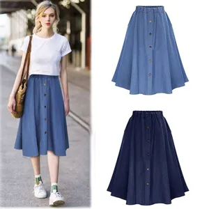 Women Casual Cotton Blend Denim Skirt High Waist Elastic A Line Midi Skirt