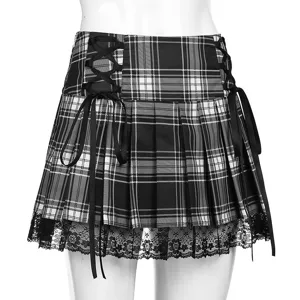 Plaid pleated mini skirt featuring side cross-lacing ribbons and delicate black lace hem trim.