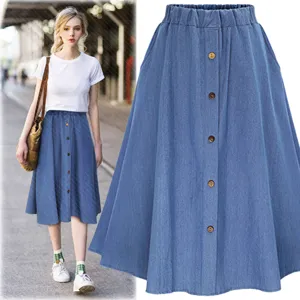 High waist denim midi skirt with single-breasted buttons, casual A-line shape for women.