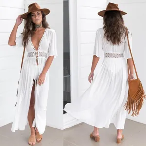 White lace trim chiffon beach swimsuit cover up for women, elegant long boho summer dress.