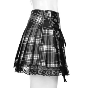Black white plaid pleated short skirt detail featuring lace trim, side zipper and cross lace-up design.