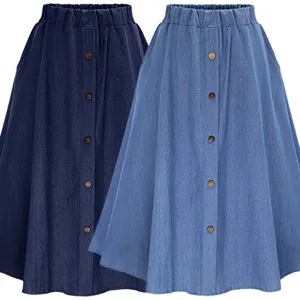 Casual denim midi skirt for women, elastic high waist, button down A-line vintage skirt.