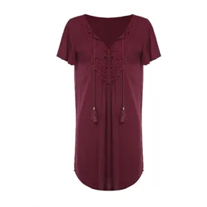 Women summer beach cover up lace v neck short sleeve dress casual solid color tunic