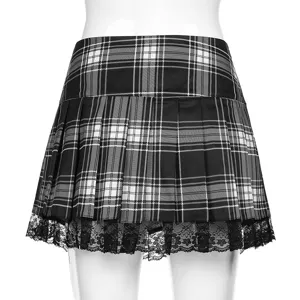 Black and white plaid pleated skirt with delicate lace trim, stylish gothic subculture apparel.