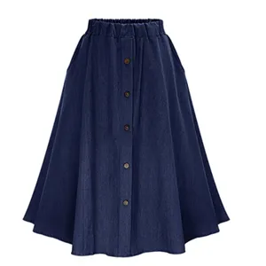 Women's blue denim A-line midi skirt with elastic high waist and front button closure.