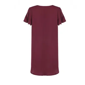 Back view detail of wine red short sleeve beach dress summer casual wear solid color fabric.