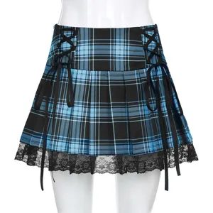 Blue black plaid pleated mini skirt with side lace-up ribbons and black lace trim.