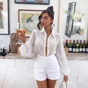 Stylish white embroidered long sleeve puff sleeve blouse for women autumn fashion chic top.