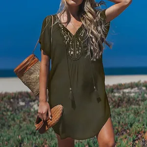 Women Beach Cover Up V-Neck Short Sleeve Crochet Lace Swimsuit Bikini Dress Summer