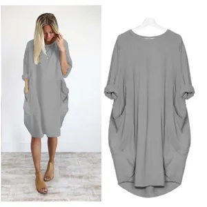 Casual loose long sleeve solid color maxi dress with pockets for women comfortable daily wear
