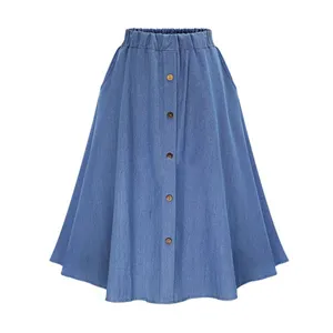 Fashion Women Blue Denim Midi Skirt High Waist Button Front A-Line Casual Long Skirts