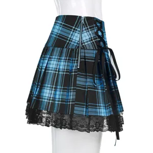 Detail view of the blue black plaid pleated mini skirt with lace hem and ribbon lace up.