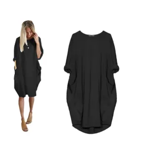 Women Solid Color Round Neck Loose Long Sleeve Pocket Casual Maxi Dress Main Image