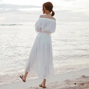 White bohemian off shoulder long dress for women, perfect for summer beach vacation and daily wear.