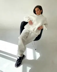 Women white hoodie and sweatpants tracksuit set casual long sleeve pullover loungewear outfit