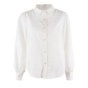 Women white long sleeve button down shirt with floral eyelet embroidery and pearl buttons.