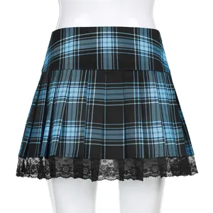 Black and blue plaid pleated skirt detail featuring delicate black lace hem trim design.