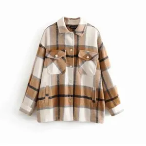 Women's casual plaid wool blend shirt jacket autumn loose long sleeve lapel outerwear top