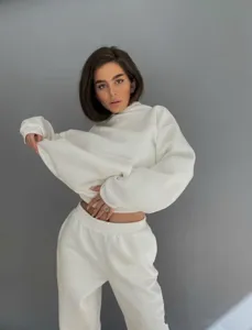 Women solid white long sleeve hoodie and sweatpants casual tracksuit set for daily wear.