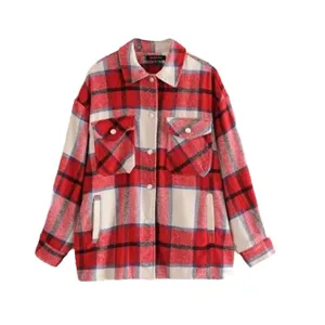 Women red white plaid flannel shirt jacket casual long sleeve button down outerwear top