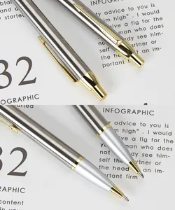 Luxury metal ballpoint pen close up showing silver body and gold clip office stationery.