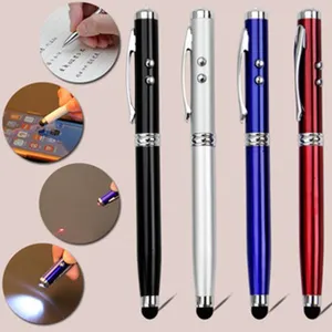 4-in-1 multi-functional laser pointer pen with stylus, LED light, and ballpoint function.