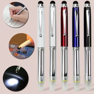 4-in-1 multi-functional stylus ballpoint pen with LED light and laser pointer for office use.