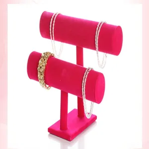 Two-tier velvet jewelry display stand pink bracelet necklace holder desktop organizer